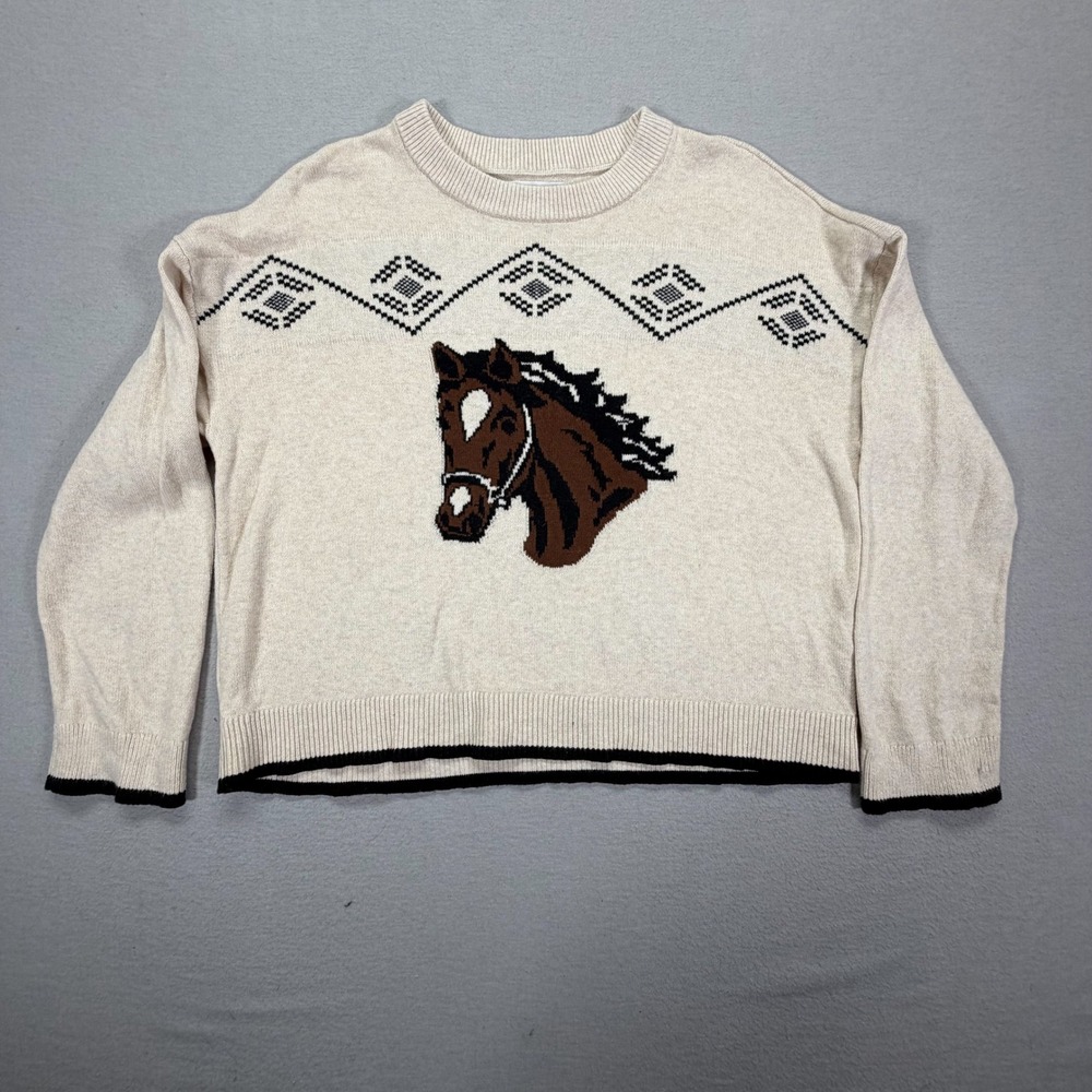 Loft Sweater Womens M Good Oatmeal Horse Graphic Intarsia Knit Crewneck